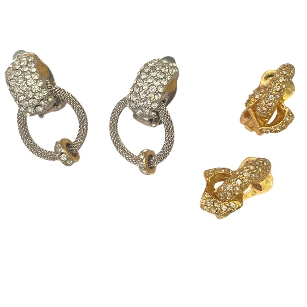 Vintage 80’s pair clip on textured earrings silvertone goldtone pave rhinestones - Picture 1 of 3